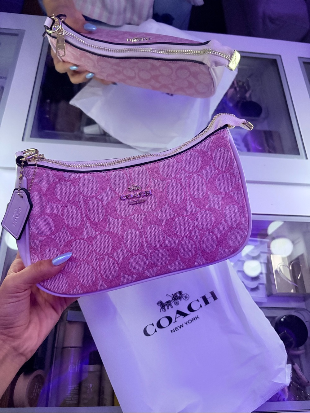 Coach Pink Signature Crescent Shoulder Bag with Gold Hardware